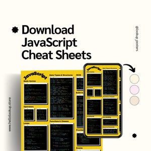 Cartel amarillo de la hoja de trucos del aula de programación de JavaScript - Arte de pared de JavaScript elegante para programadores - Descarga instantánea