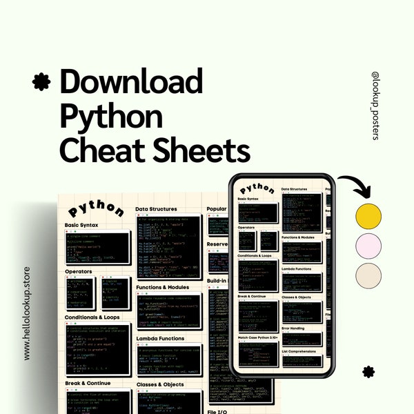 Off-White Python Programming Classroom Cheat Sheet Poster - Stylish Python Wall Art for Coding Enthusiasts & Programmers - Instant Download