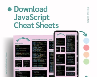 Pôster rosa de folha de dicas de programação JavaScript - arte de parede elegante em JavaScript para entusiastas de codificação e programadores - download instantâneo