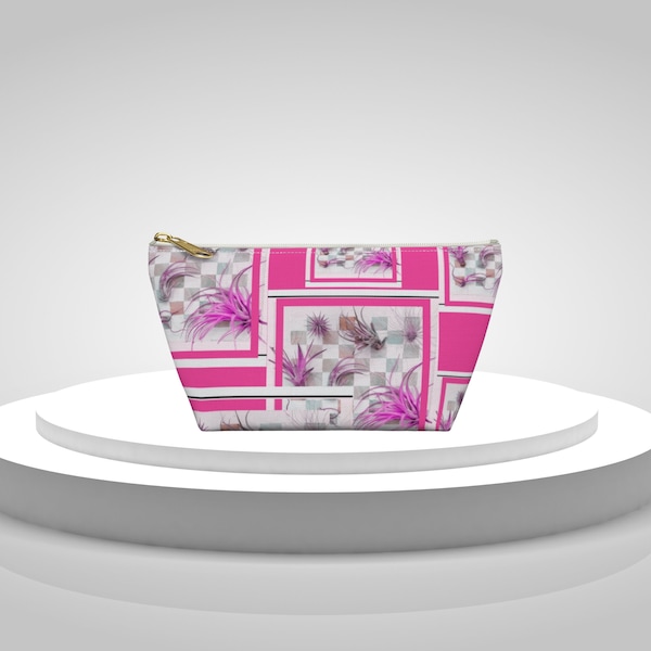 Accessory Pouch w T-bottom | Pink Chessboard, Plants | Photo Artwork | Trendy New Travel Cases | Cosmetic, Pencil Case | Gift