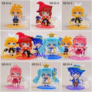 May include: A set of nine colorful bead sprites, each depicting a different anime character. The characters are posed in various stances, with some holding props like wands and swords. The sprites are arranged in a grid pattern on a white background.