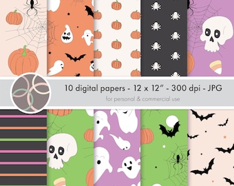 Halloween Digital Paper Pack, Pumpkin, Skull, Bat, Ghost Seamless Paper for Digital Scrapbook, Commercial Use, Instant Download Vol 2