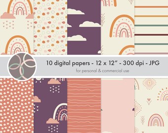 Boho Rainbow, Boho Digital Paper Pack, Boho Background, Boho Seamless Paper for Digital Scrapbook, Commercial Use, Instant Download, Vol 9