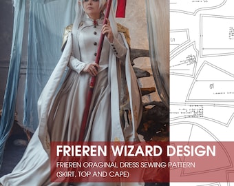 May include: A digital sewing pattern for a Frieren wizard dress, including a skirt, top, and cape. The image displays the text 'FRIEREN WIZARD DESIGN' and 'FRIEREN ORAGINAL DRESS SEWING PATTERN (SKIRT, TOP AND CAPE)' over a costume.