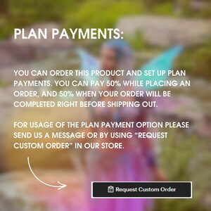 May include: Text overlay on a blurred background image of a person with blue hair and wings. The text reads "PLAN PAYMENTS: You can order this product and set up plan payments. You can pay 50% while placing an order, and 50% when your order will be completed right before shipping out. For usage of the plan payment option please send us a message or by using "REQUEST CUSTOM ORDER" in our store."