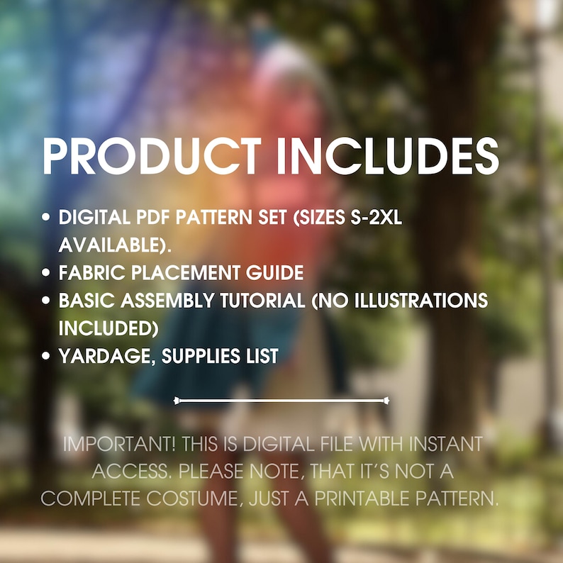 Pode incluir: Imagem de um conjunto de padr&otilde;es PDF digitais com tamanhos S-2XL dispon&iacute;veis. A imagem tamb&eacute;m inclui um guia de coloca&ccedil;&atilde;o de tecido, um tutorial de montagem b&aacute;sico e uma lista de metragem e suprimentos. O texto afirma que &eacute; um arquivo digital com acesso instant&acirc;neo e um padr&atilde;o imprim&iacute;vel.
