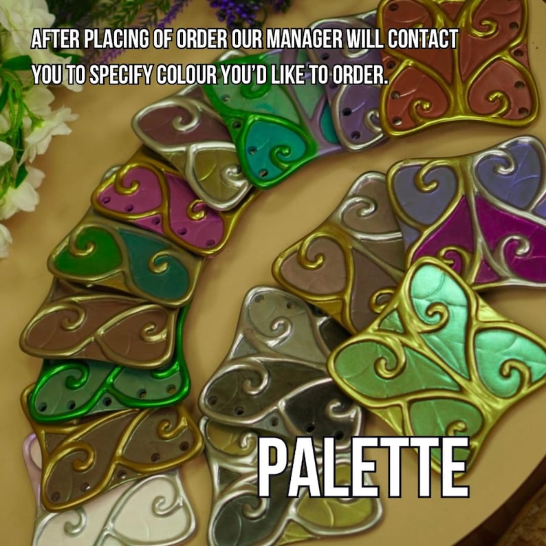 May include: A selection of 12 different colored leather patches with a gold swirl design. The patches are arranged in a semi-circle and the word "PALETTE" is written in large letters below them.