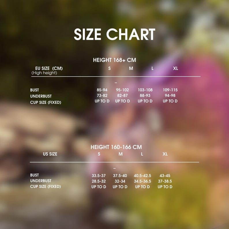 May include: Size chart for clothing with measurements in inches and centimeters. The chart shows bust, underbust, and cup size for different heights and sizes.  The chart includes sizes S, M, L, and XL.