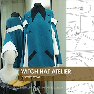 May include: A teal coat with black accents and buttons, displayed on a mannequin. The coat has a black collar and white sleeve details. A matching teal witch hat with a white brim sits on a mannequin head. The text "WITCH HAT ATELIER" is visible.