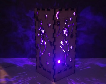 Wooden Skeleton Lantern with Natural Finish - Spooky Halloween Decor with Purple LED Lights, wooden Lantern, Echo Friendly, Halloween decor