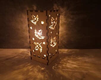 Wooden Leaf Lantern with Natural Finish - Fall Inspired Decor with Warm White LED Lights