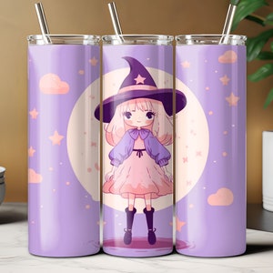 Kawaii Halloween Chibi Style Witch, Spooky Season, 20oz Skinny Tumbler Sublimation Design, Cute Halloween Wrap, Kid Witch PNG, Seamless File