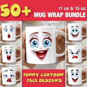 Funny Cartoon Faces Mug Wrap, 11 oz & 15 oz Mug Bundle Sublimation Wrap, 52 Cute Unique Designs Funny Coffee Mug Template, Giftful Gift Mugs