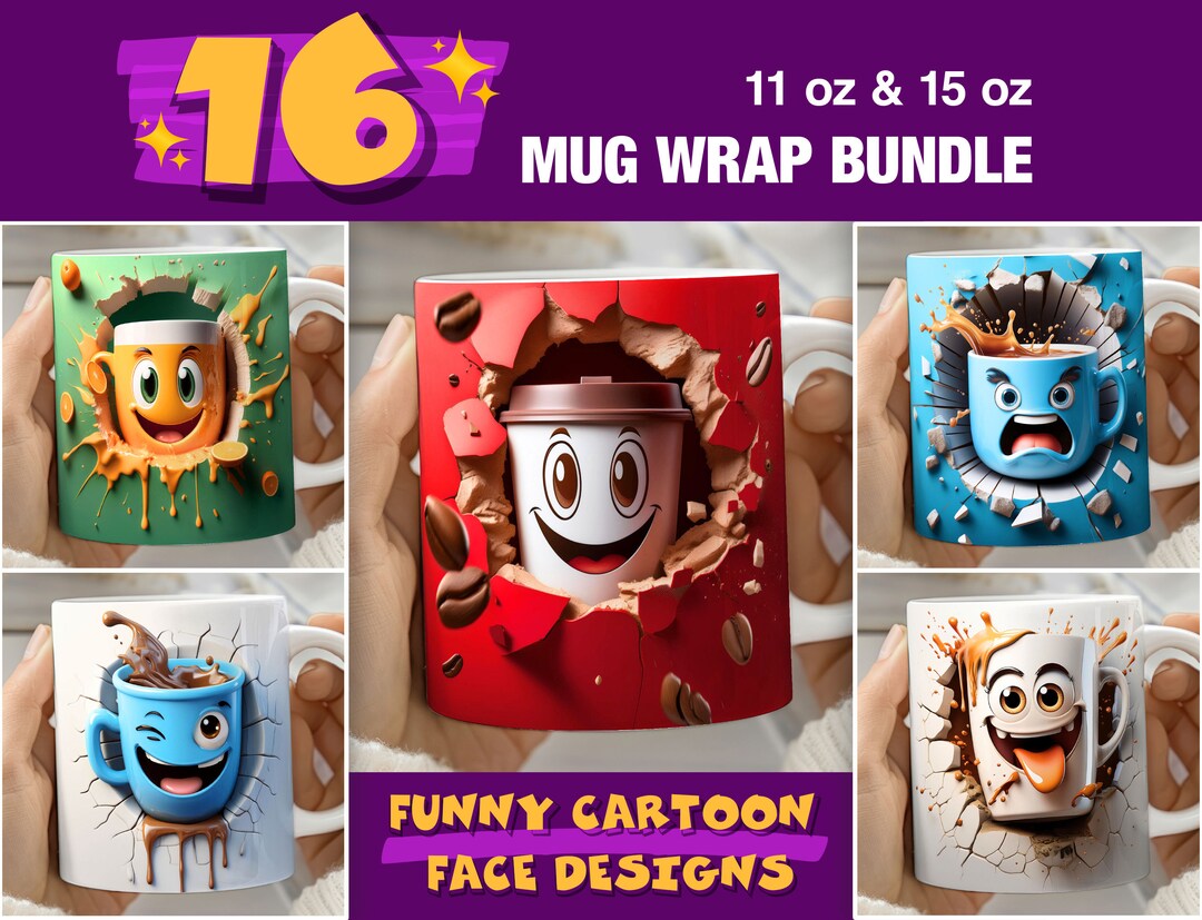 3D Effect Funny Coffee Mug Face Mug Wrap, 11 Oz & 15 Oz Mug Bundle ...