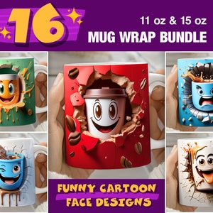 3D Effect Funny Coffee Mug Face Mug Wrap, 11 oz & 15 oz Mug Bundle Sublimation Wrap, 16 Cute Unique Designs, Mug Template, Giftful Gift Mugs