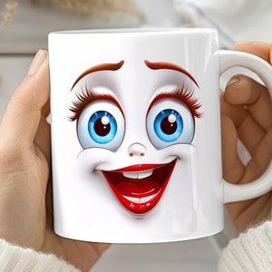 Kubek 3D Funny Face Wrap 11oz i 15oz Szablon kubka, Zabawny kubek do kawy, Opakowanie z nadrukiem sublimacyjnym, Kubek prezentowy dla niej, Sarkastyczna kreskówkowa uśmiechnięta buźka