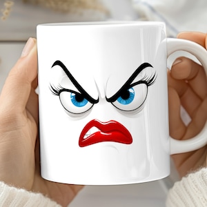 Enojado cara divertida taza envoltura plantilla de 11 oz y 15 oz, taza de café divertida, envoltura de diseño de sublimación, taza de regalo para ella, cara de dibujos animados loco sarcástico PNG