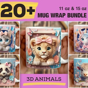 3D-Tiere Becher Wrap Bundle, 11 Unze 15 Unze Sublimationspaket, 24 3D süße Tiere Becher, Tierliebhaber, Geschenkbecher, Geburtstagstierbecher