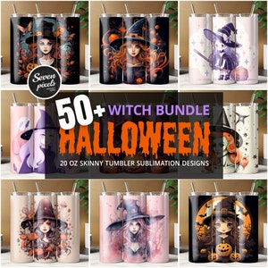 Paquete de brujas de Halloween de más de 50, Kawaii Chibi Vintage, temporada espeluznante, diseño de sublimación de vaso delgado de 20 oz, envoltura recta y cónica