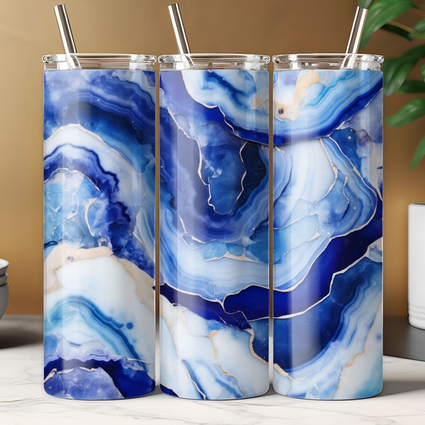 Sapphire And Silver Geode Wrap, Blue Marble Tumbler, Luxury Wrap, Abstract Art PNG, Sublimation Design, 20 oz Tumbler, Seamless Tumbler File