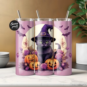 Süße Halloween Katze, lila Rosen, 20 Unzen Skinny Becher Sublimation Design, 9,3 x 8,2 gerade und konisch Tumbler Wrap, sofortiges digitales PNG