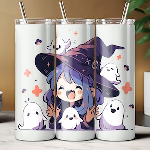 Kawaii Halloween Chibi Style Witch, Spooky Season, 20oz Skinny Tumbler Sublimation Design, Cute Halloween Wrap, Kid Witch PNG, Seamless File