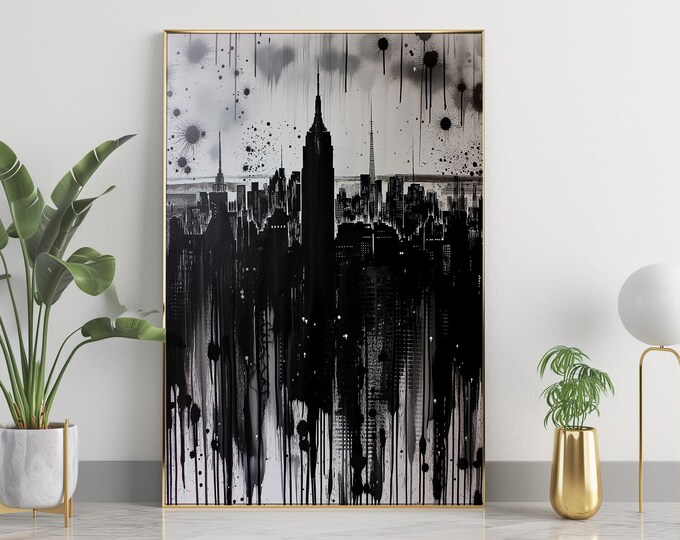 Abstract Cityscape Wall Art, Black and White Urban Decor, Modern