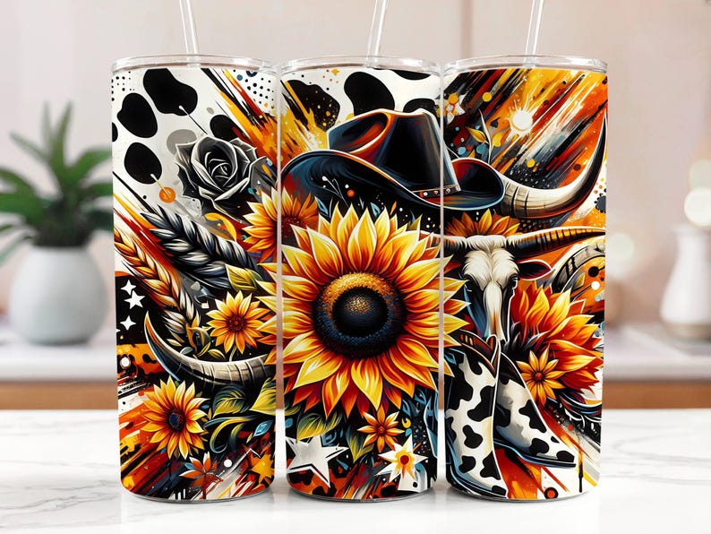 Western Sunflower Watercolor Country Girl 20 Oz Skinny Tumbler