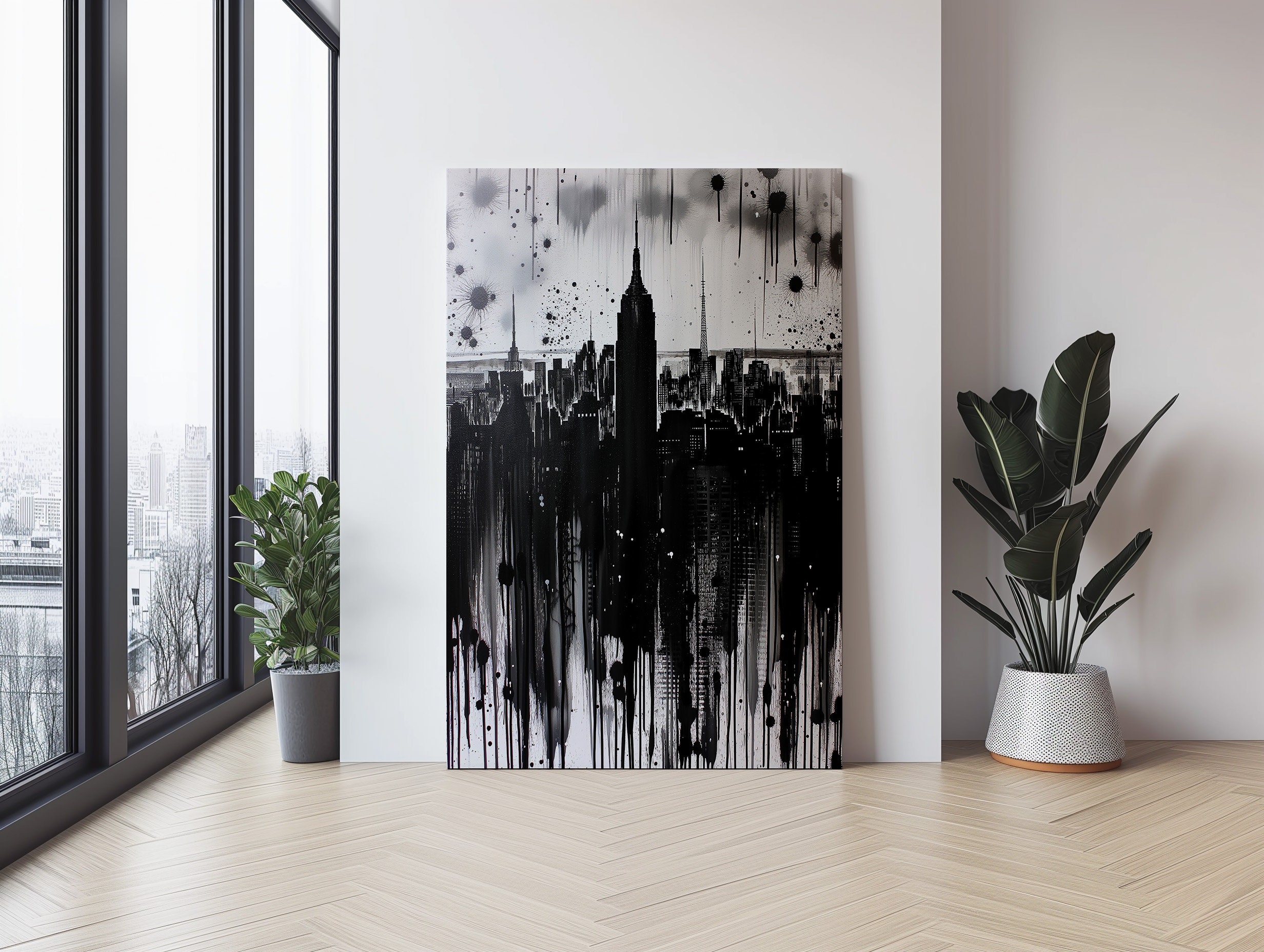 Abstract Cityscape Wall Art, Black and White Urban Decor, Modern