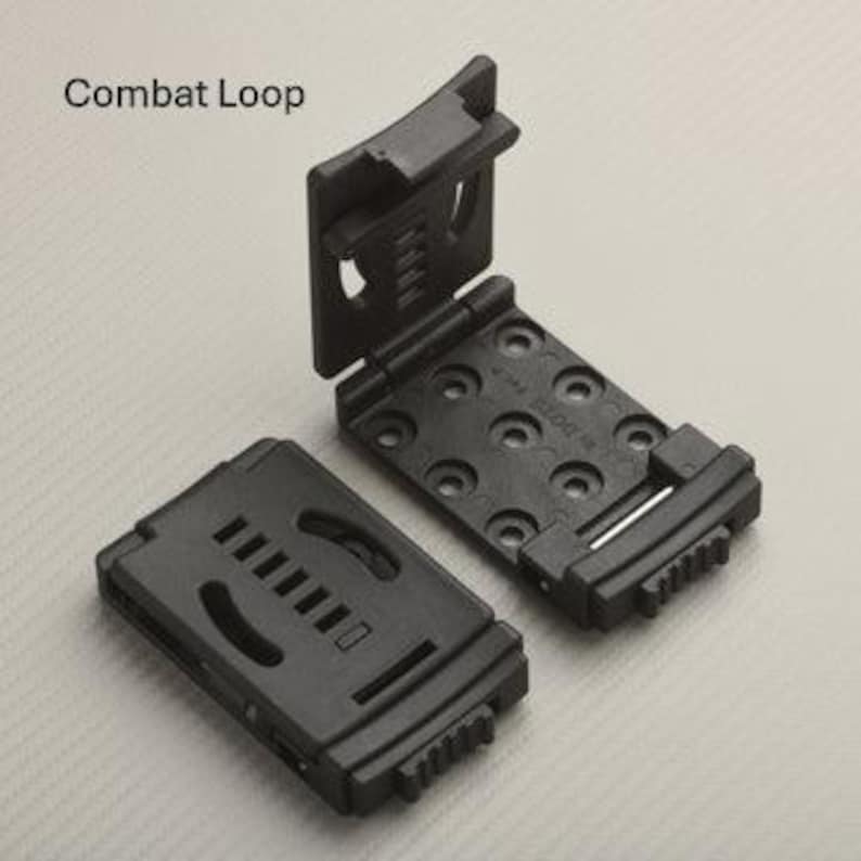 May include: Two black Combat Loop belt attachments. One is closed, showing a series of horizontal slots. The other is open, revealing a series of circular holes and a hinged design. The text "Combat Loop" is in the upper left corner.