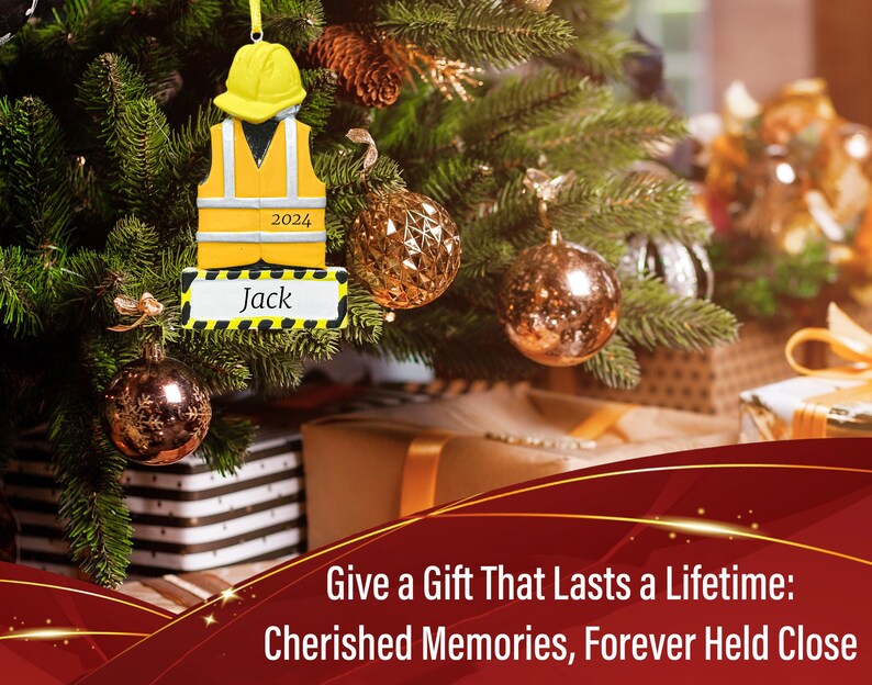 Personalized Construction Ornament 2024, Custom Safety Vest & Hard Hat