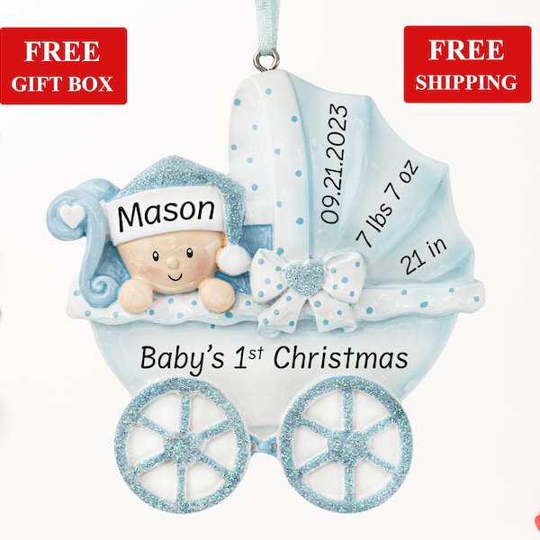 Baby's First Christmas Ornament 2023, Personalized Baby Boy Carriage Ornament, Custom Newborn New Grandbaby My 1st Xmas Stroller Gift