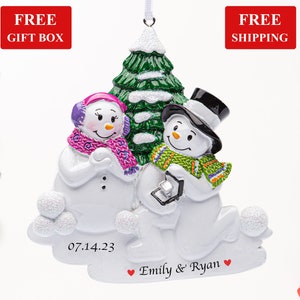 Snowman Engagement Couple Personalized Ornament 2023, We' re Engaged Ornament with Diamond Ring, Custom Newly Fiance She Said Yes Gift