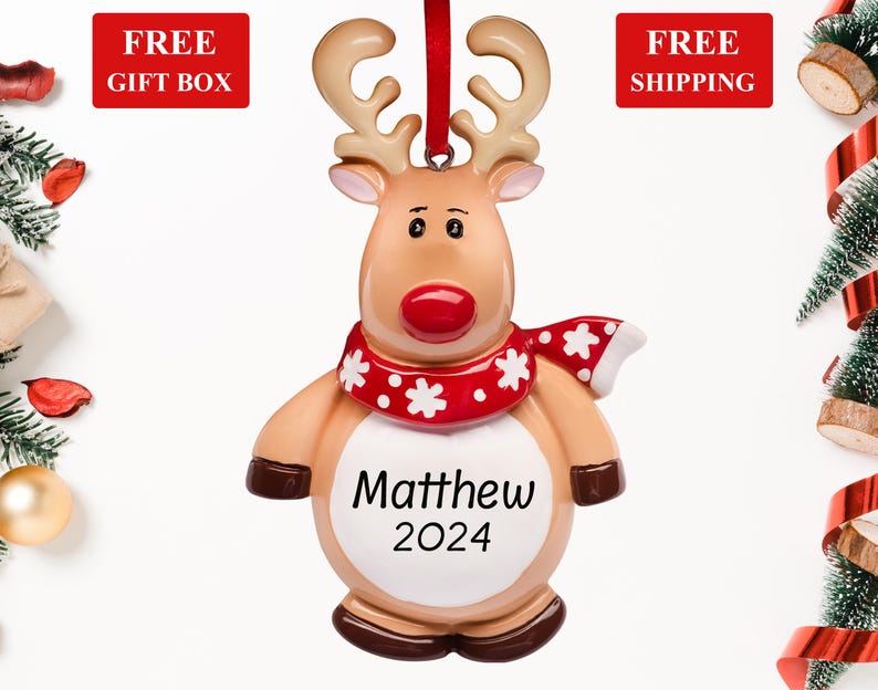 Reindeer Christmas Ornament 2024, Personalized Deer Xmas Tree Ornament