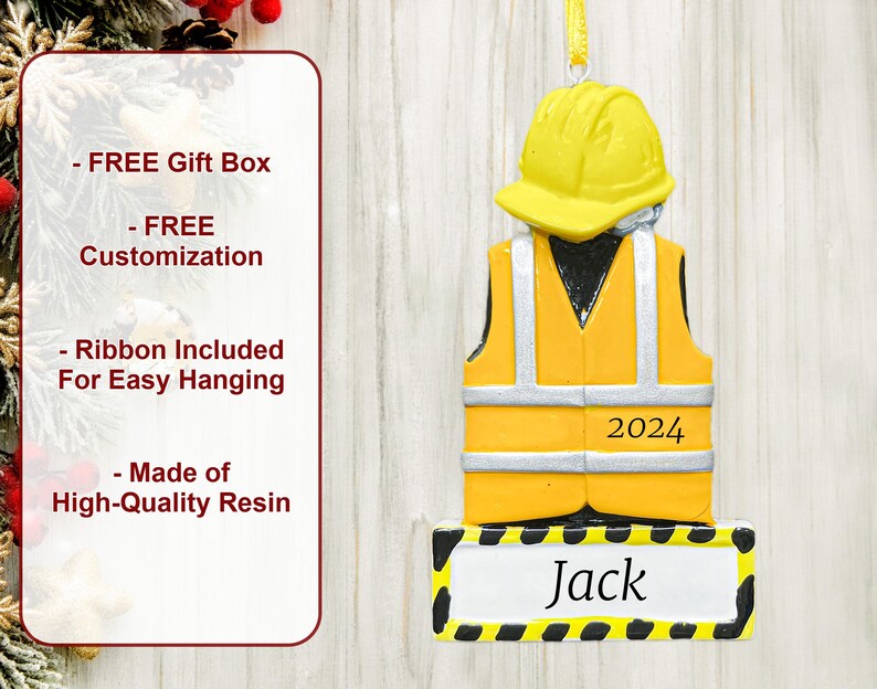 Personalized Construction Ornament 2024, Custom Safety Vest & Hard Hat