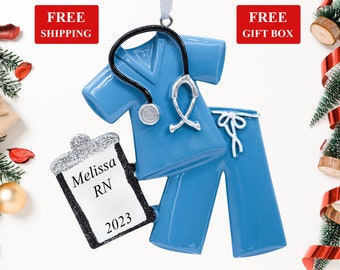 Scrubs Personalized Christmas Ornament 2023, Blue Medical Uniform with Stethoscope, Gift for Doctor Nurse Practitioner RN Healthcare Worker