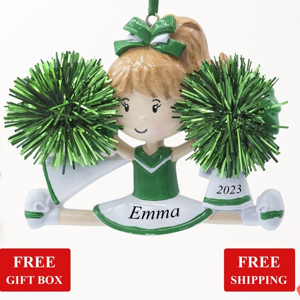 Cheerleader Personalized Christmas Ornament 2023, Cheer Girl Cheerleading with Green Pompom Xmas Ornament, Custom Pom Pom Girl Ornament