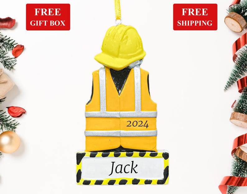 Personalized Construction Ornament 2024, Custom Safety Vest & Hard Hat