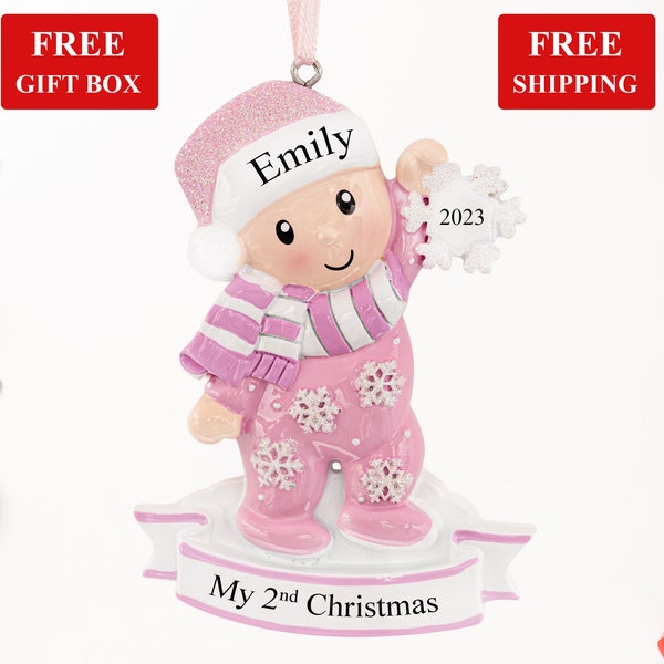 Baby's Second Christmas Ornament 2023, Personalized Baby Girl Xmas Tree Ornament Pink, Custom 2nd Christmas Gift for Daughter Grandbaby