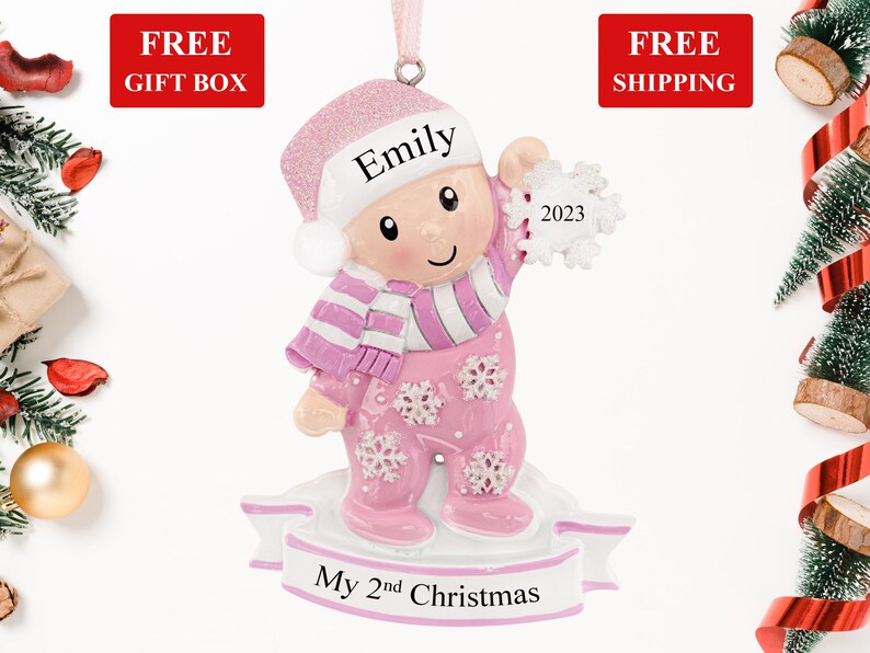 Baby's Second Christmas Ornament 2023, Personalized Baby Girl Xmas Tree