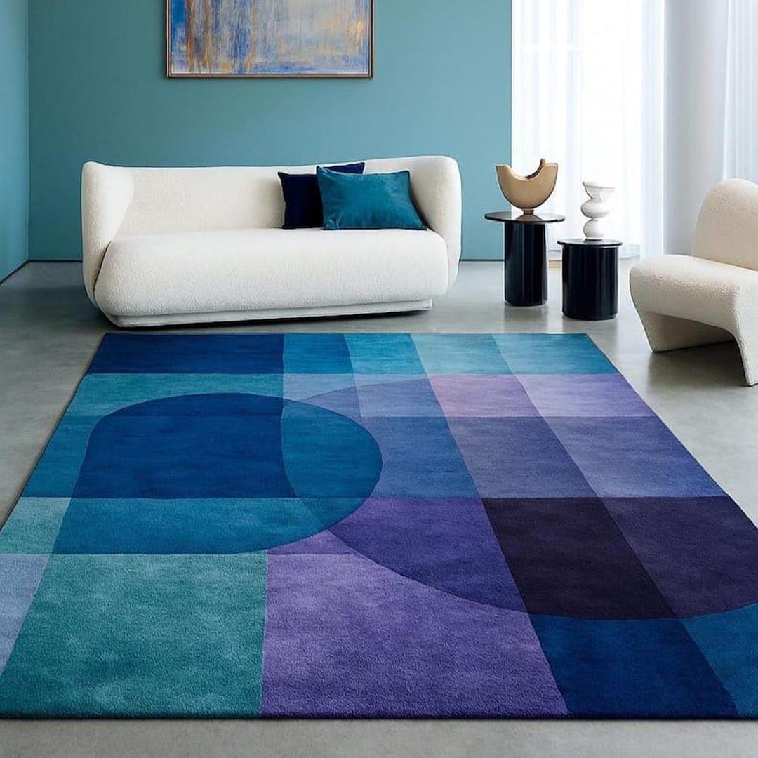 Modern Hand Tufted Wool Rug: Abstract Art, Blue Teal Purple Colour for ...