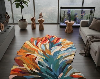 May include: A colorful, abstract area rug with a leaf-like design. The rug features a variety of colors, including orange, blue, green, and brown. The rug is placed on a dark wood floor in a living room setting.