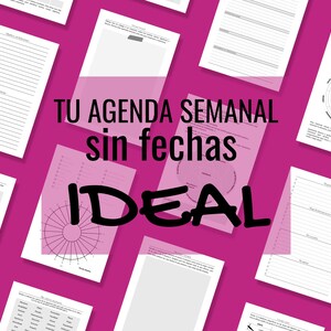 Puede incluir: Un planificador semanal imprimible con el texto "TU AGENDA SEMANAL sin fechas IDEAL" en negro sobre fondo rosa. El planificador incluye secciones para tareas diarias, objetivos y una rueda para hacer un seguimiento del progreso.