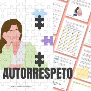 Puede incluir: Un rompecabezas con una mujer pensando en el auto respeto. Las piezas del rompecabezas están dispersas alrededor de la mujer. El texto "AUTORRESPETO" está escrito en letras negras sobre un fondo blanco. El texto "NATALIA CONCEPCION HERNANDEZ" está escrito en letras negras sobre un fondo blanco.