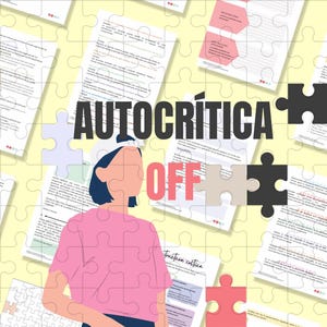 Puede incluir: Una ilustración digital de una persona con cabello azul corto que lleva una camisa rosa y un sombrero blanco. La persona está de pie frente a un fondo amarillo con piezas de rompecabezas y texto que dice "AUTOCRÍTICA OFF".