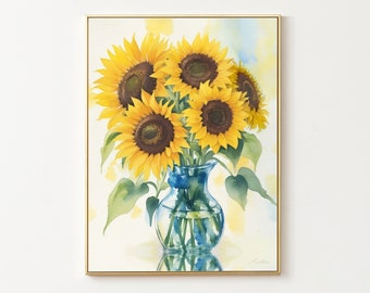 Arte della parete girasoli, bouquet floreale dell'acquerello, illustrazioni di fiori, arte della parete del soggiorno, download digitale stampabile arte floreale