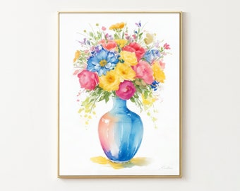 Bouquet di fiori colorati, arte della parete ad acquerello, illustrazioni floreali, arte della parete del soggiorno, download digitale STAMPABILE arte floreale