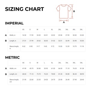 Pu&ograve; includere: Tabella delle taglie per una t-shirt in unit&agrave; imperiali e metriche. La tabella mostra le misure di larghezza, lunghezza e lunghezza della manica in pollici e centimetri per le taglie XS a 5XL.