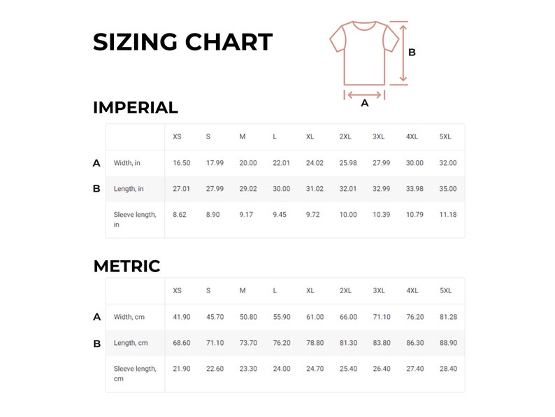 Pu&ograve; includere: Tabella delle taglie per una t-shirt in unit&agrave; imperiali e metriche. La tabella mostra le misure di larghezza, lunghezza e lunghezza della manica in pollici e centimetri per le taglie XS a 5XL.
