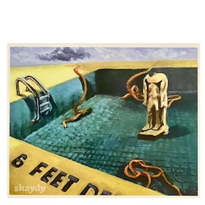 May include: An oil painting depicting a pool scene with a ladder, a statue, and abstract shapes. The pool is teal with a yellow border that reads "6 FEET DEEP". The sky is light blue with a dark cloud.